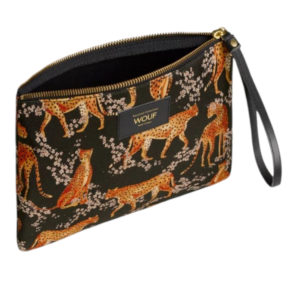 WOUF Salome XL Pouch Bag Leopard Print Clutch Bag Recycled Leather Black NEW - Picture 4 of 16